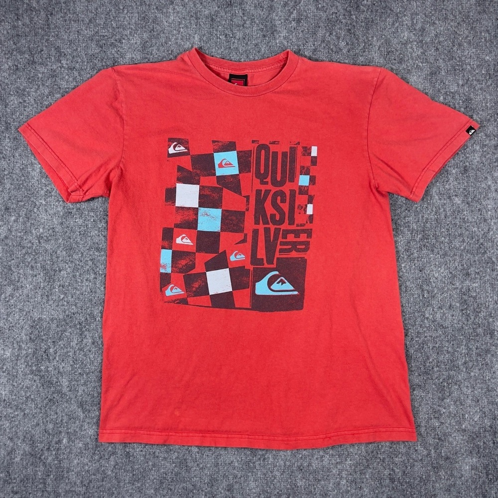 Quiksilver Graphic Tee Mens L Red Checkerboard Logo Surf Short Sleeve Shirt